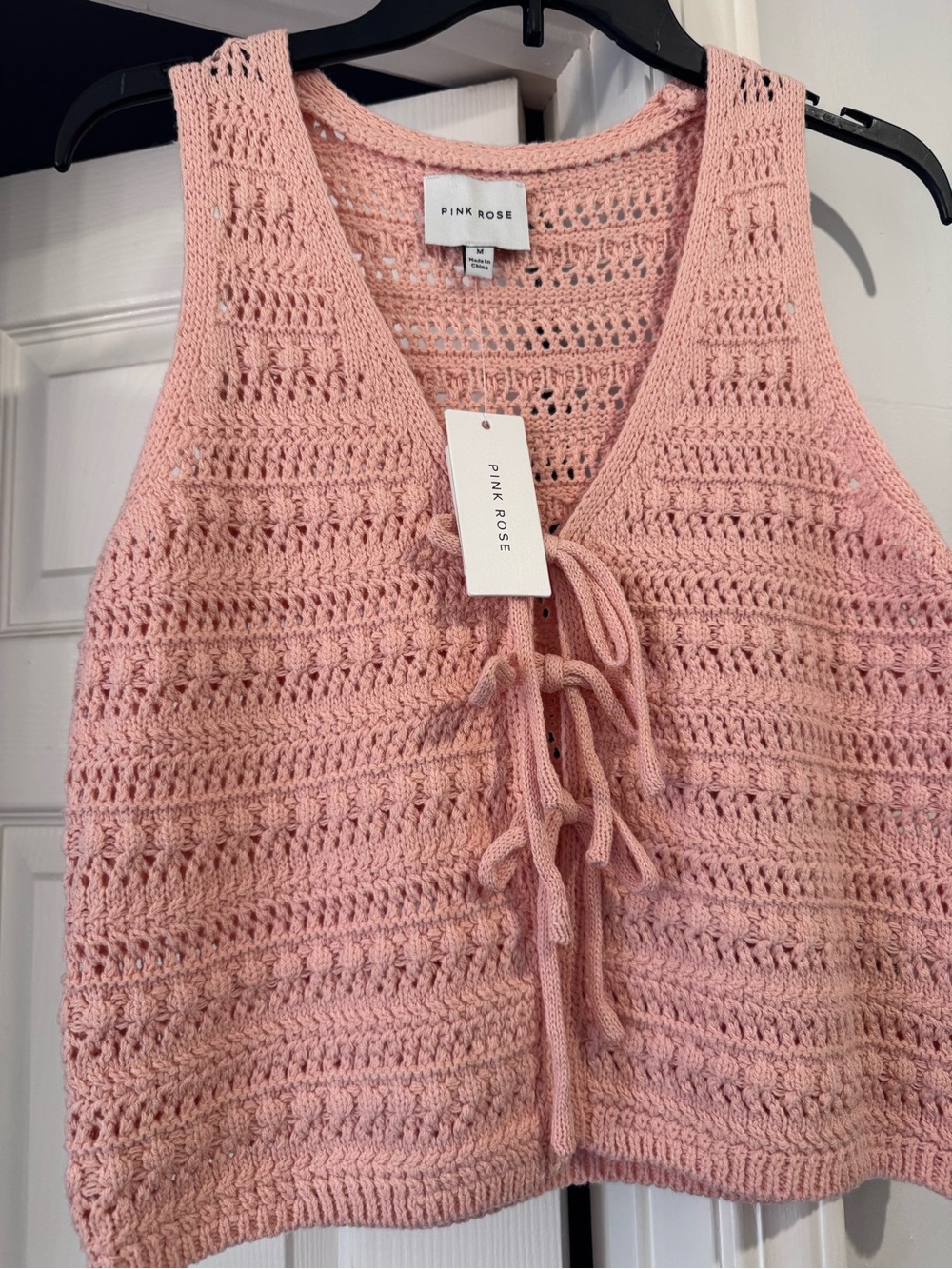 Pink Rose Crochet Tie-Front Tank Top - Light Pink